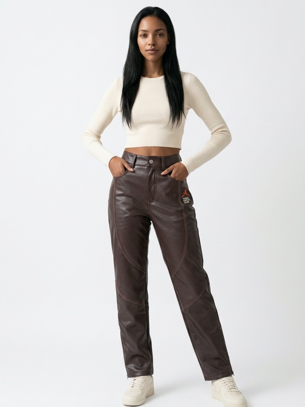 Jordan Dark Brown Faux-Leather Straight-Leg Pants
